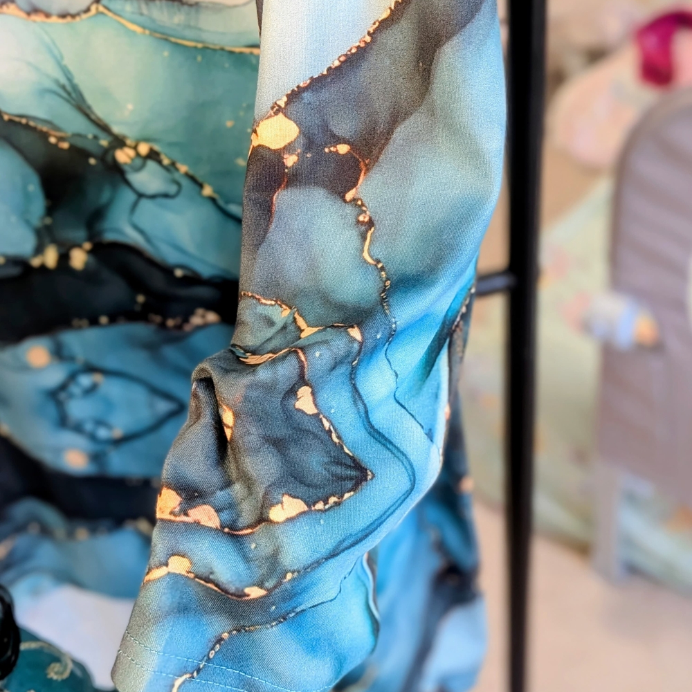 Marble Print Long Sleeve Tunic Top – Turquoise, Black And Gold - Picture 5 of 6